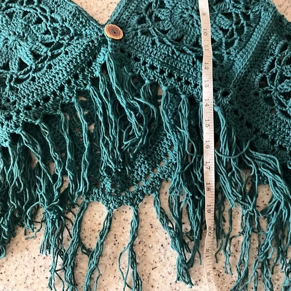 Hand Crafted Halter Crochet  Bohemian with Fringe Coverup  M/L Teal Green/Blue - Picture 10 of 11
